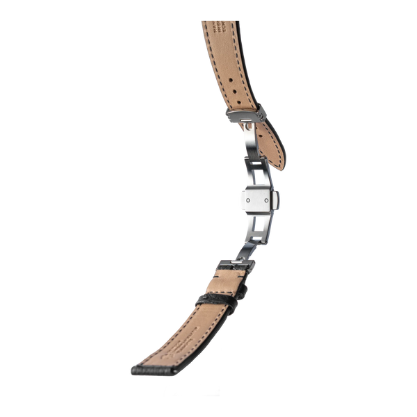 DUG Echtlederarmband Schwarz – geöffnete Faltschließe und Lederunterseite